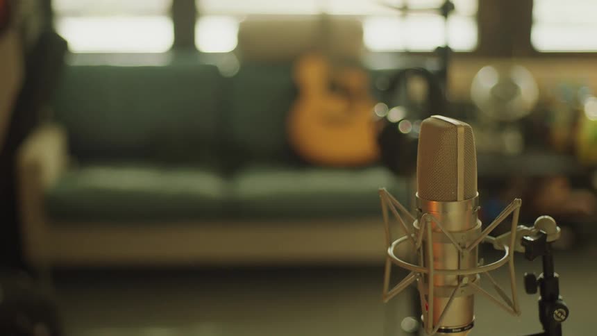 A microphone is situated in a room that has additional musical instruments in it