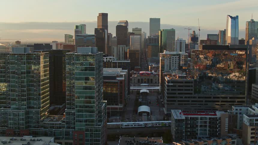 An aerial view of high rise office buildings in a downtown area
