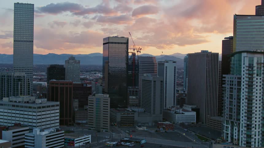 Aerial view of the skyscrapers on the citys downtown at sunset