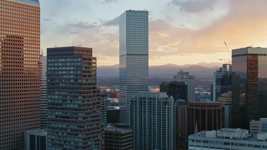 An aerial view of high rise office buildings in a city