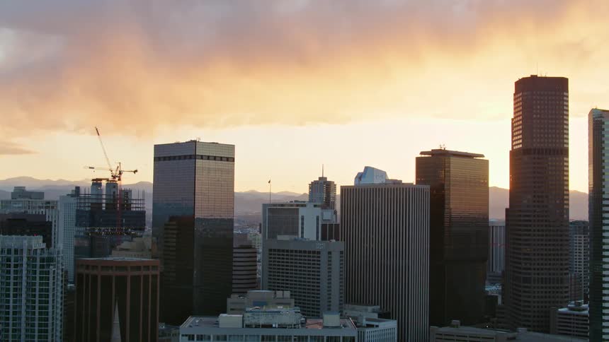 Aerial view of skyscrapers on the citys downtown at sunset