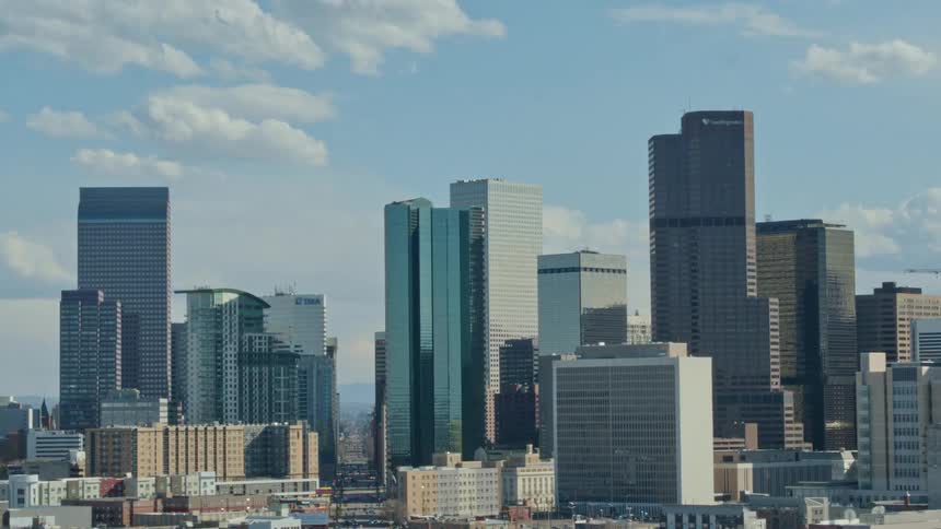 A view of a city skyline from the air
