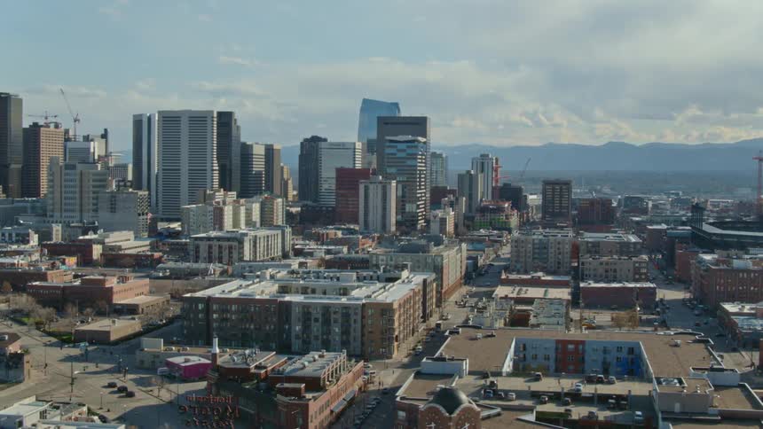 Aerial view of high rise buildings and city streets