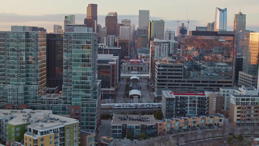 Aerial view of the skyscrapers on the citys downtown at sunset