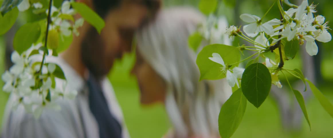 Young couple touching foreheads in front of white flowers hanging from a tree