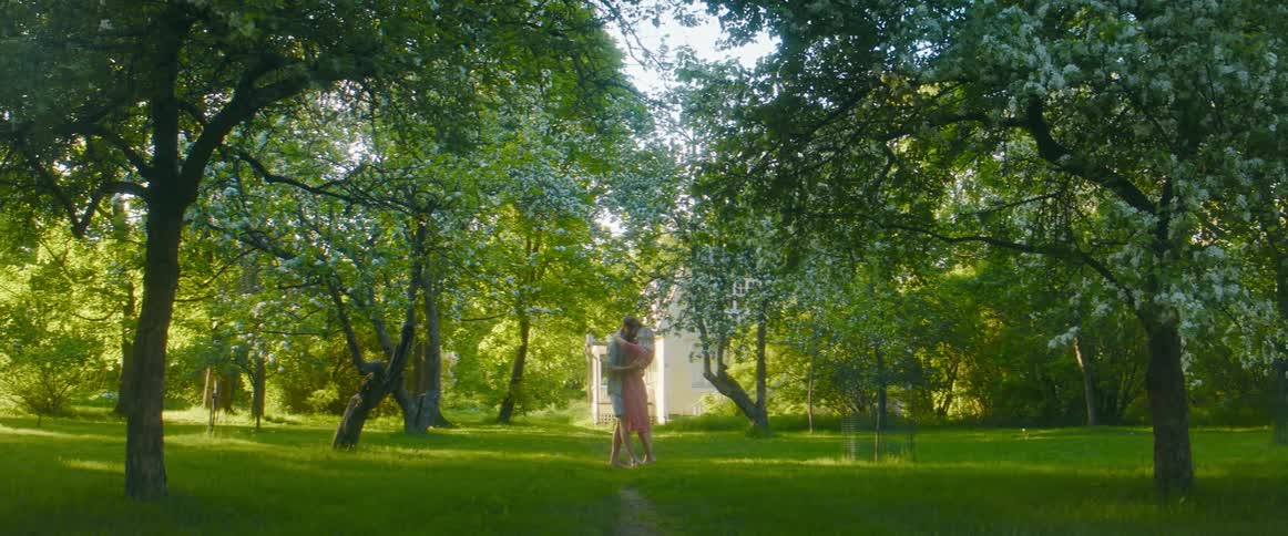 A couple hug and kiss under dense trees in a park
