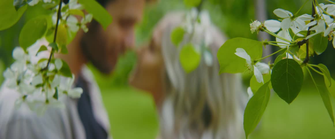 Young couple kissing under the white flowers hanging from a tree