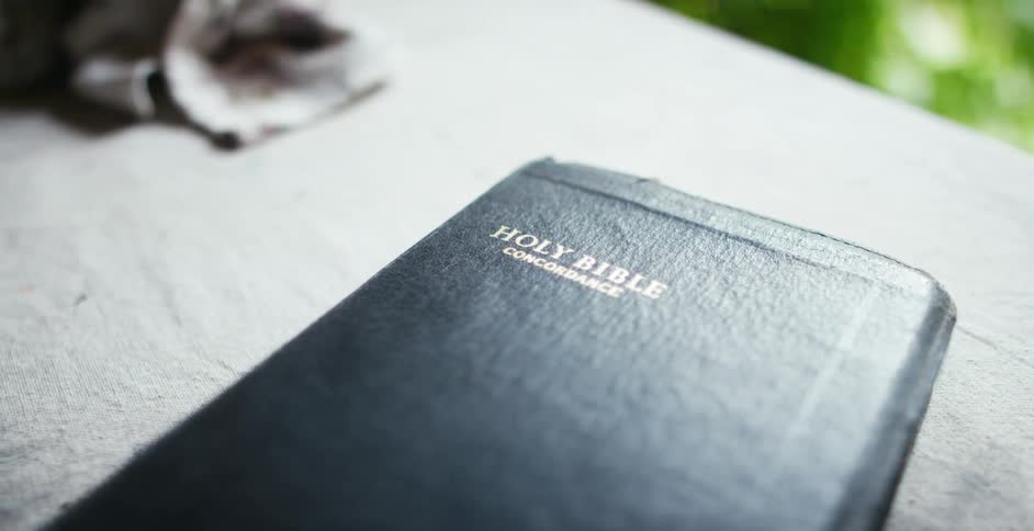 A black holy bible concordance over a table near a garden