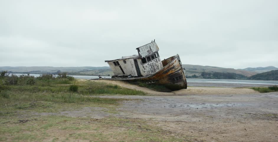 A view of a boat that is shipwrecked in Point Reyes, California