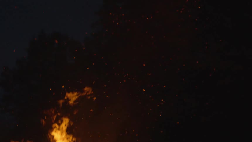 A bonfire is burning outdoors at night