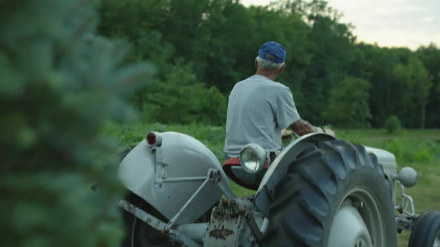 An elderly man drives a tractor on a farm