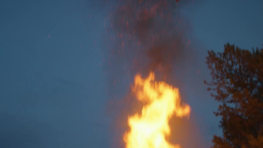 Bright flames and smoke high in the sky from a bonfire burning near the woods