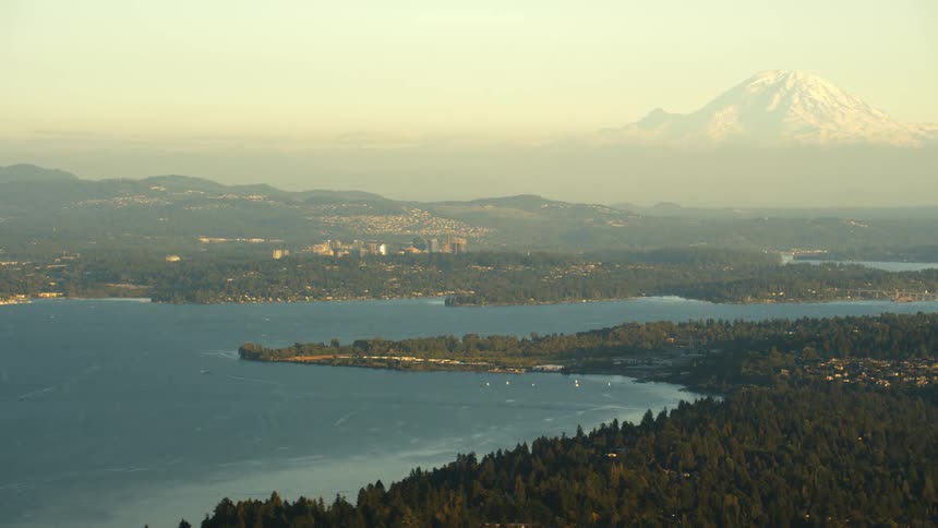 A snow capped mountain on a cloudy horizon behind a tree covered shore