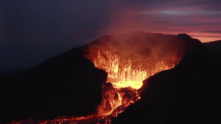 Aerial shot of a volcano eruption