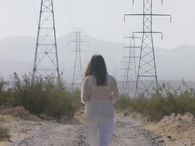 A woman walks down a path in a rural area lined with electrical towers