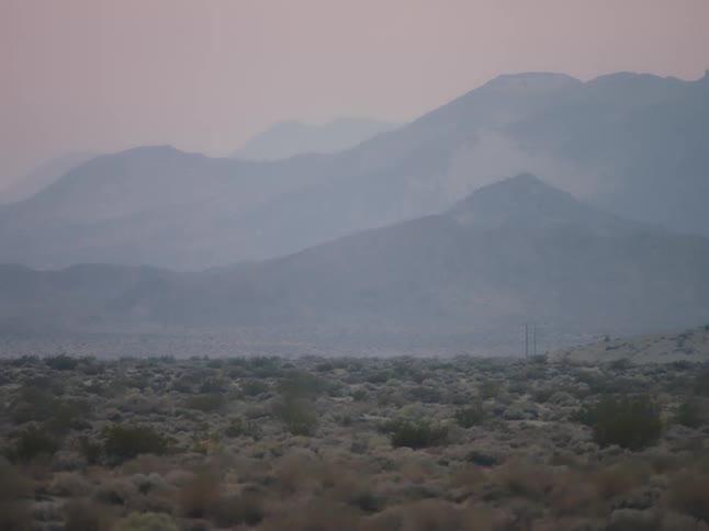 A view of a desert with plants and mountains