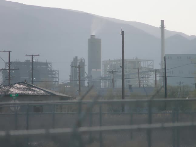 A view of a smoke stack on a factory
