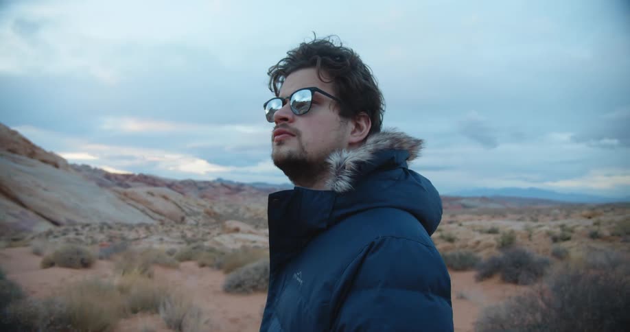 A man looks up at the sky while standing in a desert dotted with small bushes