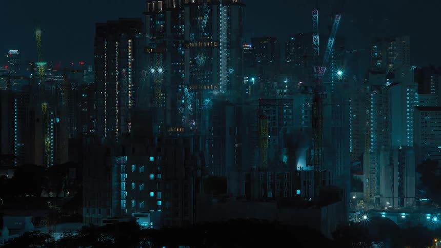 Time lapse of construction cranes on high rise buildings in a downtown area