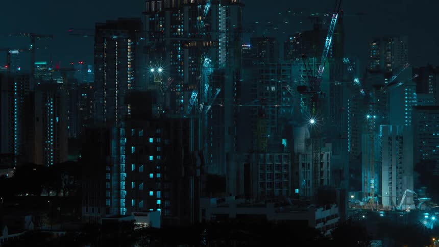A time lapse of a city skyline at night reveals the constructions of several high rise buildings