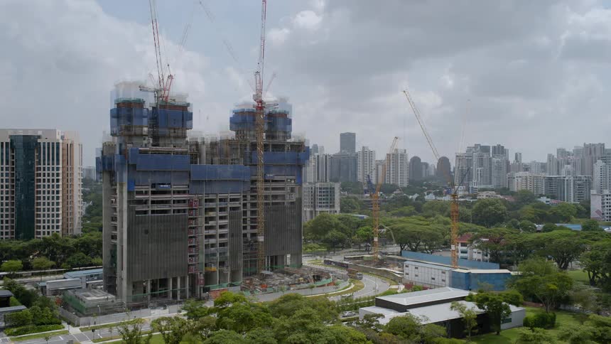 A time lapse of a construction project shows the progression of a tall building
