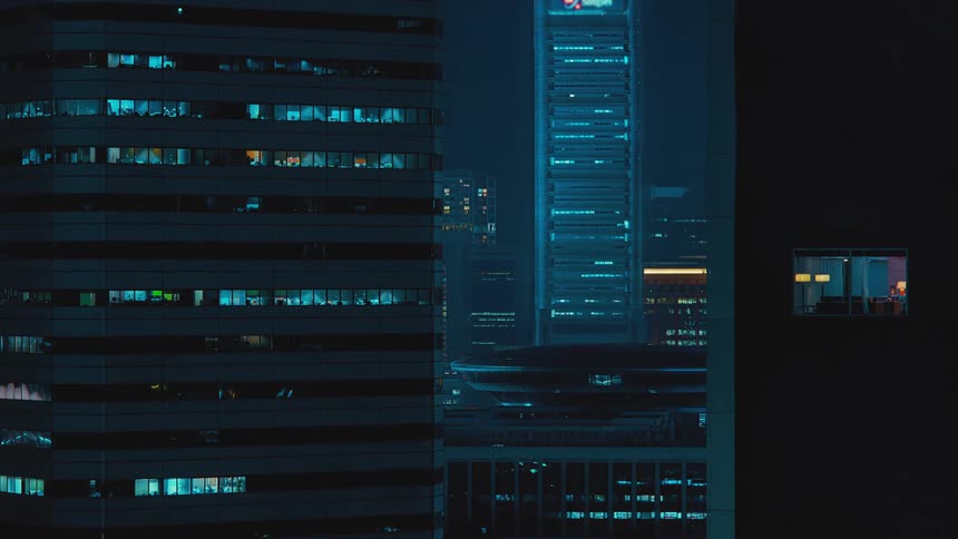 Aerial view of high rise office buildings at night