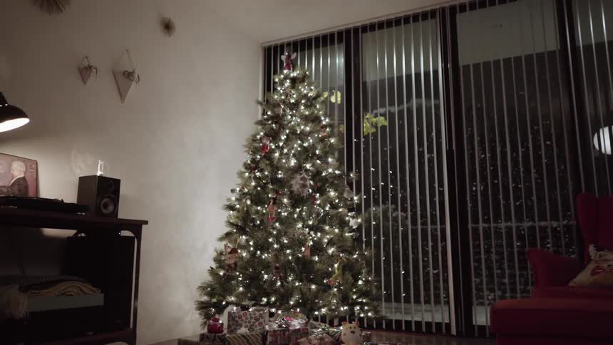 Lighted christmas tree in a tidy room