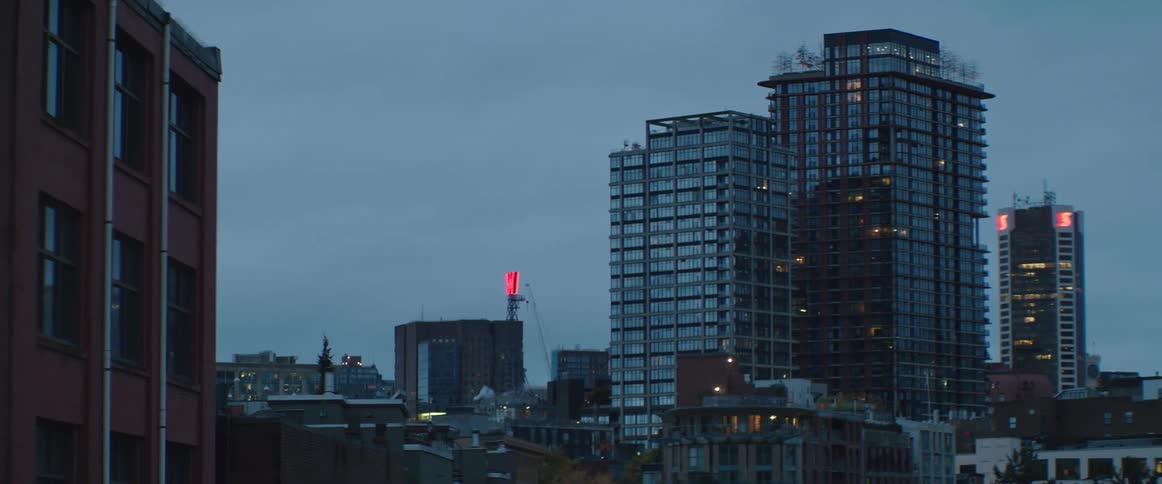 Birds flying in front of a glass skyscrapers in Vancouver's Gastown during blue hour