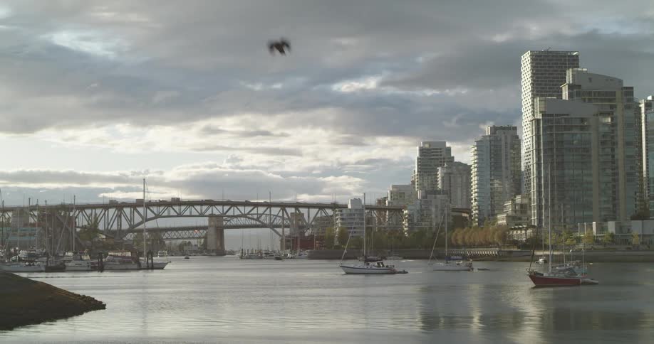 Boats floating on the water near a bridge on a waterfront city at sunset