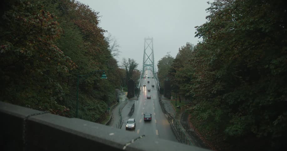Traffic travels along a road towards a bridge on a foggy day