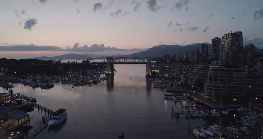 Elevated view of Burrard Bridge and Vancouver's West End at dusk