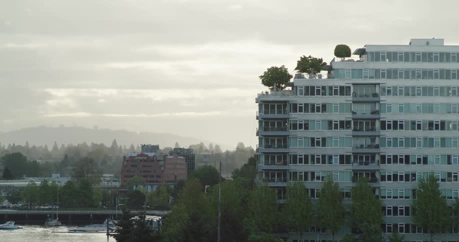 Traffic flows past water and building topped with planted trees under cloudy sky