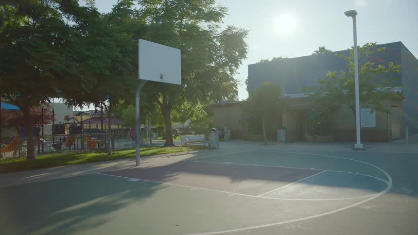 A wide shot of an empty park