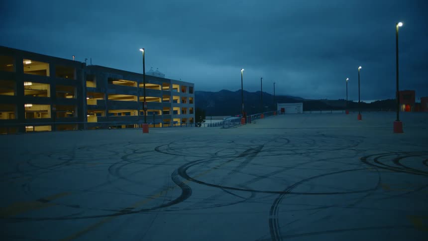A parking garage at night