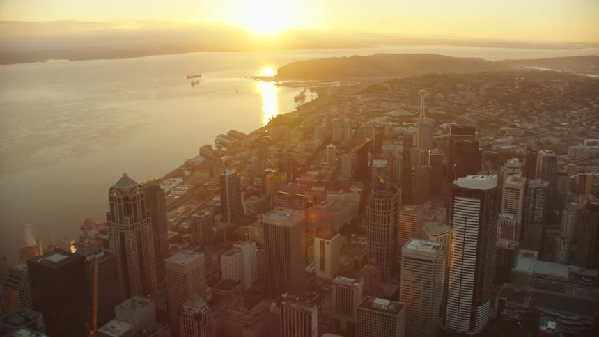 Tall skyscrapers fill downtown in a coastal city