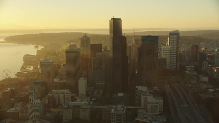Tall skyscrapers loom over a city along the coast