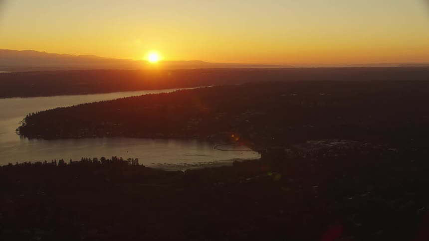 Aerial view of a lake at sunset