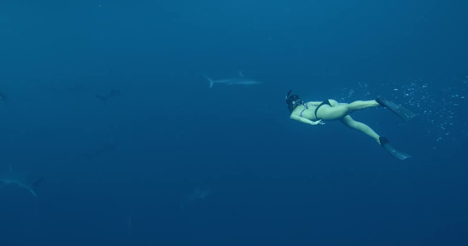 A woman is snorkeling underwater