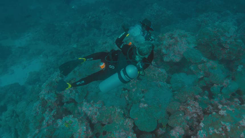 Scuba diver with underwater camera swims along over coral reef