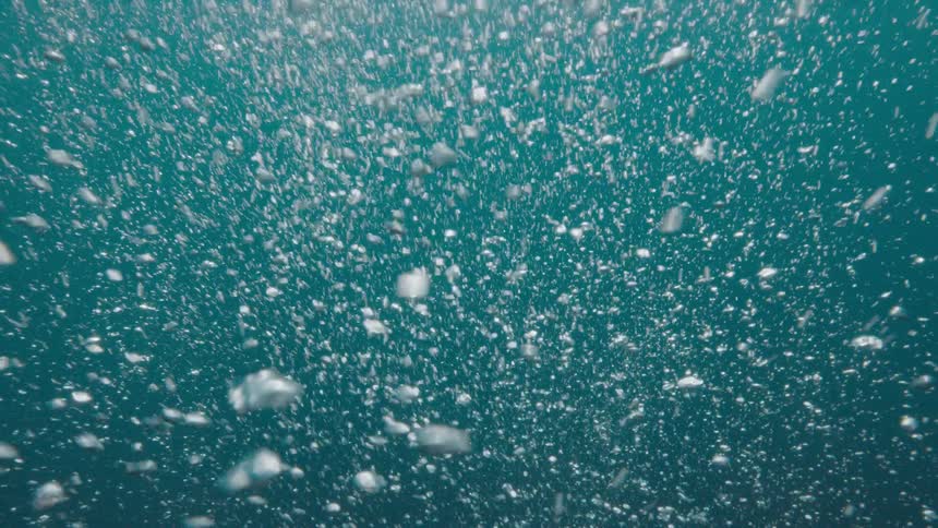 Lots of bubbles rise through murky blue water before the petering out