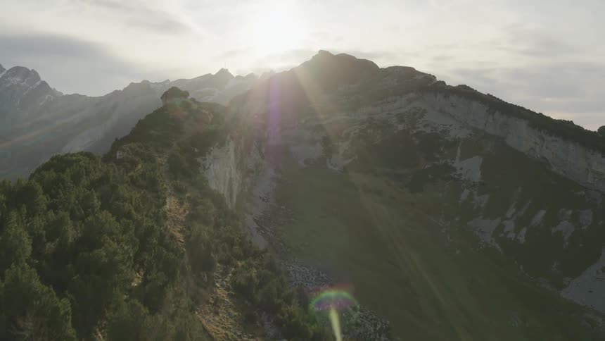 Trees line the mountains under the bright sun