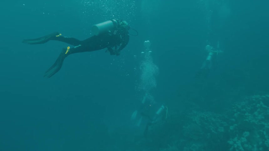 Three scuba divers swim through murky water releasing a stream of bubbles while hovering near reef