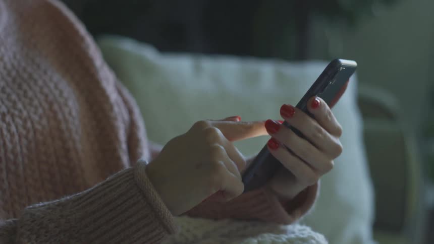 A woman sits on the sofa and uses her cell phone