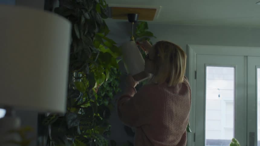 A woman waters a plant in her house