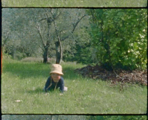 A baby boy crawls through the grass of a field during the day
