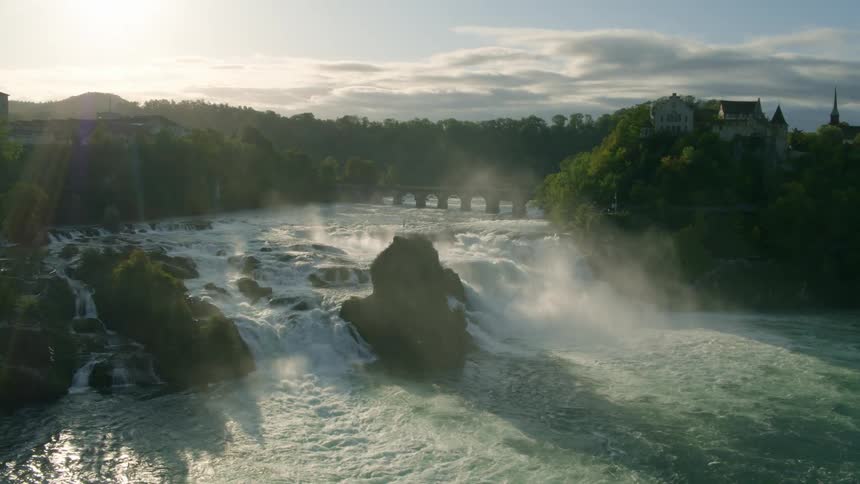 An aerial view of river water flowing over rapids in nature