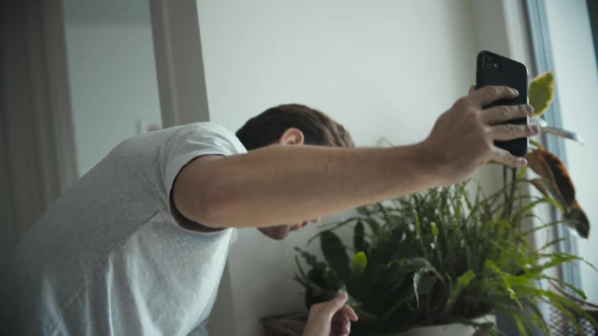 A man in a room holding a smart phone and touching a plant with a wall and window in the background