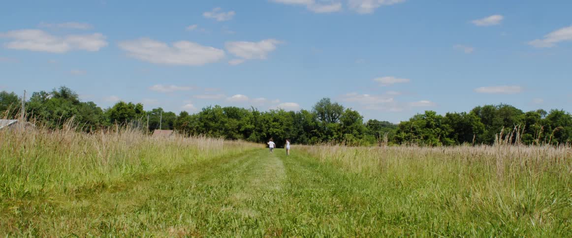 Two children running through a rural grassy field on a summer day