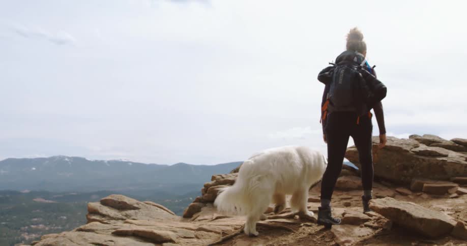 A woman and her white dog hiking over boulders in mountains