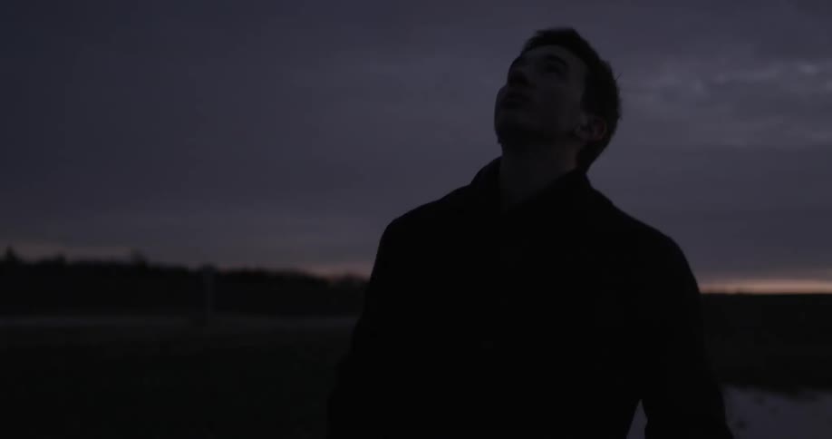 A man standing and looking upward at the sky at dusk